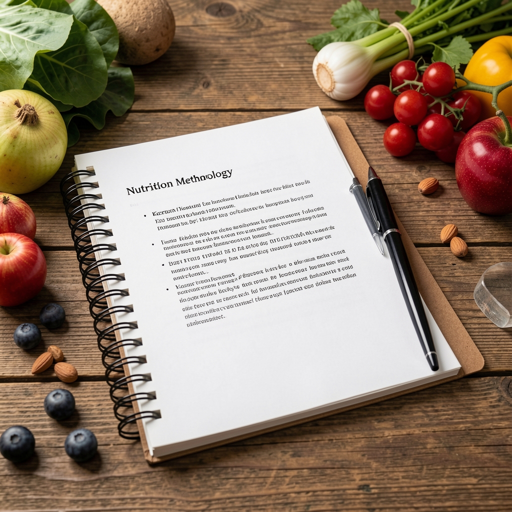 Karun nutrition methodology documentation laid out on a wooden desk with a notebook and fresh produce
