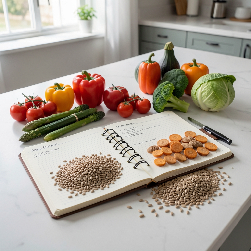 Organized food journal with seasonal vegetables and whole grains arranged on a clean kitchen surface under studio lighting